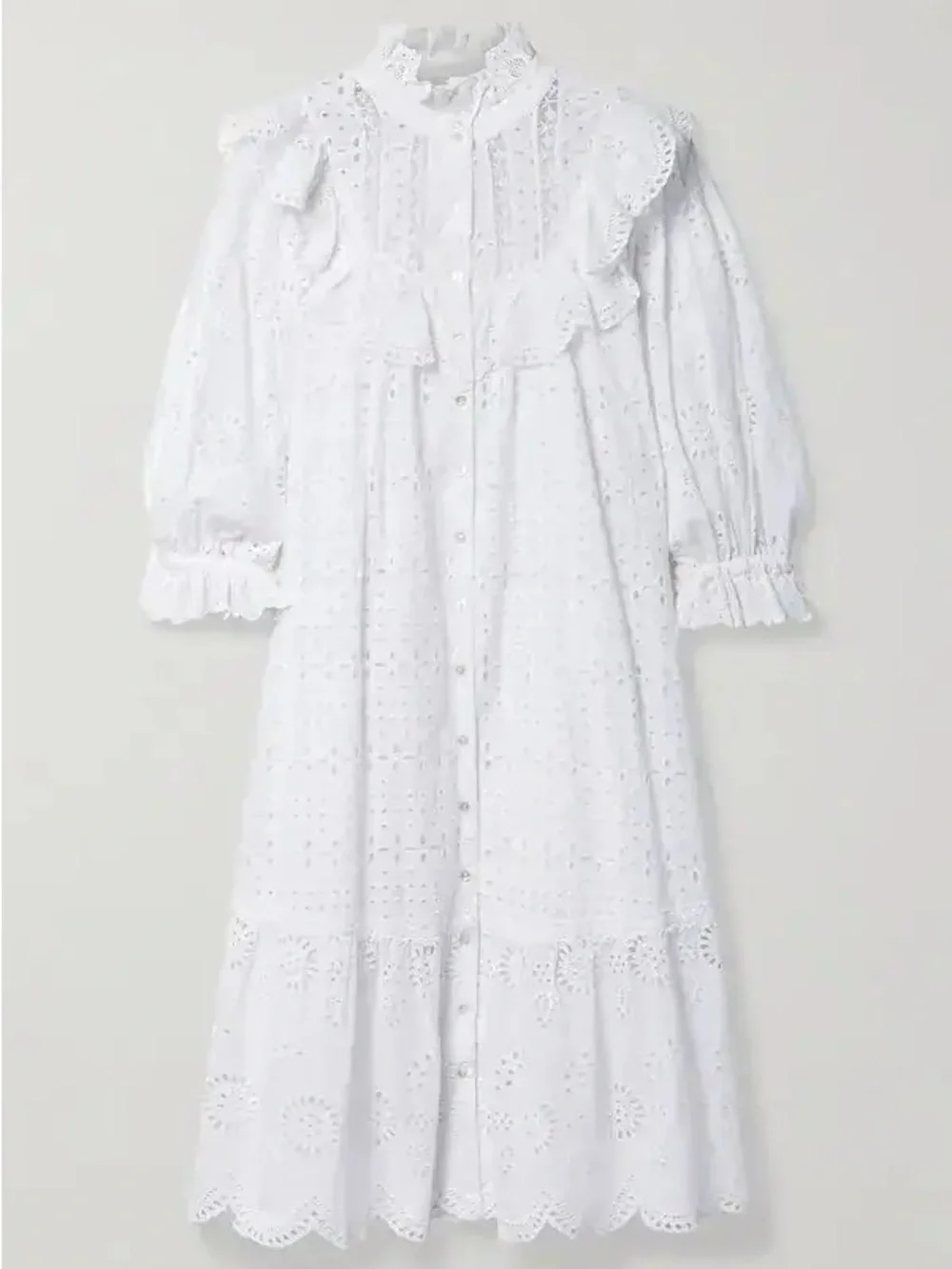 $495 LoveShackFancy Elspeth White Lace Crochet Scalloped Broderie Shirt Dress XS - Picture 3 of 15